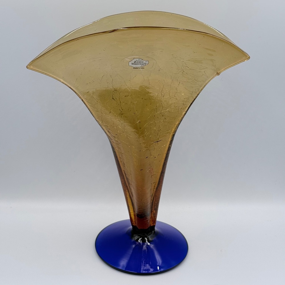 Vintage Blenko Art Glass Fan Vase Yellow Crackle Cobalt Blue Base 12 Inch USA